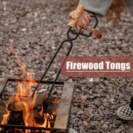 Fireplace Tongs, Wooden Handle Log Grabber Firewood Tongs for Fire Pit, Campfire BBQ Charcoal Clip Tongs, Heavy Duty Duck Billed Fire Tongs for Camping, Grilling, Indoor Outdoor Cooking
