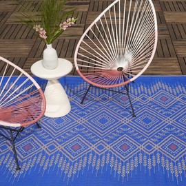 Fab Habitat Boho Southwestern Tribal Outdoor Rug - Waterproof, Crease-Free Fade Resistant, Reversible - Recycled Plastic - Patio Porch Balcony Deck Yard Garden - Jodhpur Multi Blue - 8x10 ft