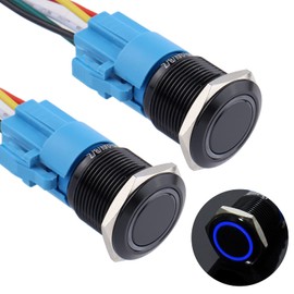 DMWD 2PCS 19MM Momentary Push Button Switch 12V-24V Ring LED 1NO 1NC Waterproof (ON)-Off Black Metal Shell Self-Reset with Wire Socket Plug for 3/4" Mounting Hole(IP66,Blue Light)
