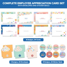 Decorably 24 Pack Gold-Foiled 6x4in Employee Appreciation Cards with Envelopes & Stickers, 8 Festive Designs Staff Appreciation Cards, with Printed Message Inside - Recognition