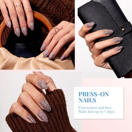 GLAMMAGIC Women and Girls Glitter Press On Nails Medium Almond Spring Glue On Stiletto Shiny Acrylic 24pcs Manicure False Nails