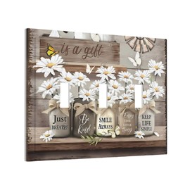 Rustic Farmhouse Country Daisy Floral Light Switch Cover 3 Gang Triple Toggle Wall Plate Decorative Switchplate Electrical Faceplate for Bathroom Kitchen Home Decor Accessories 6.7" X 4.8"