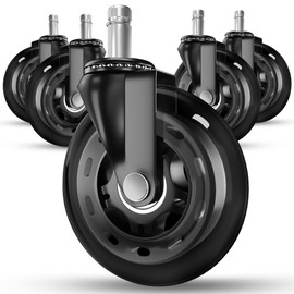 Office Chair Wheels Set of 5 - Smooth 3 inch Heavy-Duty Replacement Rubber Caster Wheels for Gaming & Desk Chair - Easy to Install, Suitable for Hardwood Floors, Carpet, Tiles, Carpet - (Black)