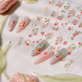 1sheets 5D Strawberry Nail Stickers for Nail Art Self-Adhesive Cute Strawberry Nail Art Stickers Micro Embossed Pink Bow Nail Decals Summer Nail Design Supplies for Women DIY Nails Decoration