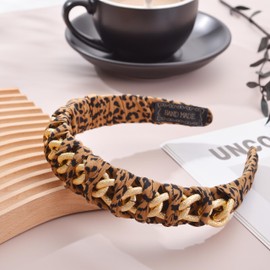 LUX ACCESSORIES XOXO Babydoll Leopard Print Puffer Headband, 4.5-5.5 Inches Wide, Polyester Blend, Gold