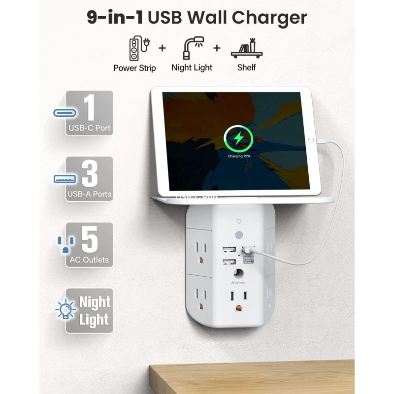 Mifaso Wall Outlet Extender with Shelf and Night Light,Surge Protector
