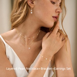 Gold Jewelry Set for Women Dainty Layered 14K Gold Pearl Choker Necklaces and Earring Set Pearl Drop Earrings Bracelets Wedding Bride Jewelry