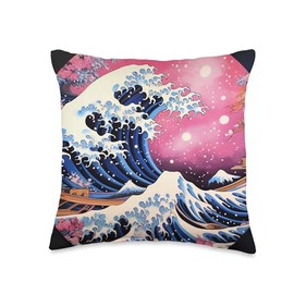 Wave Bloom Vibes Artistry Vibrant Colors Artistry Meets Japanese's Wave & Sakura Throw Pillow, 16x16, Multicolor