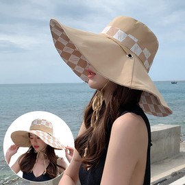 Women's Sun Hats Summer Beach UV Protection UPF Packable Wide Brim Chin Strap,Can be Worn on Both Sides Oversized Bucket Hat, E-khaki, Large