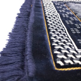 Modefa Turkish Islamic Velvet Prayer Rug - Thick Wide Soft Praying Carpet for Men & Women - Double Plush Large - Eid & Ramadan Gift with Kufi Beads & Car Hanger - Geometric Noor (Dark Blue)