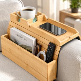 Bamboo Sofa Armrest Tray with Storage Pocket
