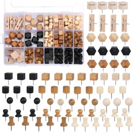 196 Pcs Thumb Tacks, Push Pins for Cork Board, Wooden Push Pins, Wooden Thumb Tacks for Wall Hangings, Bulletin Boards, Maps, Photos, and Home Office Craft with Storage Box (19 Types)