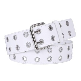 WERFORU Double Grommet Belt PU Leather Belt White Goth Belt with Double Prong Buckle(D-White,Waist size below 41Inch)
