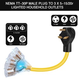 30 Amp to 110V 20 Amp RV Distribution Adapter,NEMA TT-30P Male to 3X 5-20R/15R Female,30 Amp to 15 Amp RV Adapter Extension Cord,3-prong to LIT 3-Way Outlet Splitter for RV Generators with Lighted End