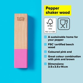 Tasty Pepper Shaker, Wooden Pepper Shaker with Pink End, Pepper Dispenser for Dining in Beech Wood, Kitchen Gadgets & Utensils, Colour: Light Brown & Pink, Dimensions: 3.5 x 3.5 x 14 cm,678730