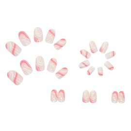 BABALAL Short Press on Nails Oval Acrylic Nails Glossy Nails Swirl Design Nails Pink Fake Nails for Women and Girls
