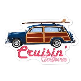 Die Cut Sticker Cruisin' California, Retro Woody and Surfboard, Contour Vinyl Sticker 3 to 6 inches, (Waterproof Decal for Cars, Water Bottles, Laptops, Coolers), Large