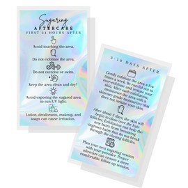 Sugaring Hair Removal Aftercare Cards | 50 Pack | Size 2x3.5” inches Business Card Size | Waxing Aftercare Kit Cards | Client Hand Out Wax Post Sugar FAQs Aftercare Faux Holographic Rainbow design