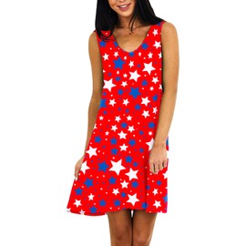 July 4th Womens Sleeveless Dress V Neck Patriotic USA Flag Sundress Summer Beach Cover Ups Stars Red M