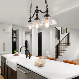 LNC Rustic Kitchen Island Lighting, 3-Light Farmhouse Chandelier for Dining Room, 38.1" Pool Table Light with Clear Glass Shades
