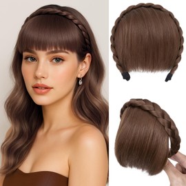 Benehair Headband with Bangs Synthetic Plaited Hair Headband with Natural Fringe Light Brown Hair Piece for Women Girls(Light Brown, 55g)