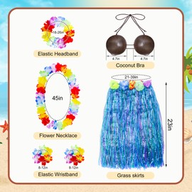 6 Pcs Hawaiian Coconut Bra and Grass Skirt Set for Women, Summer Luau Party Outfits Hula Skirt Coconut Bikini Top Costume with Wreath Necklaces Headband Wristbands for Beach Party Halloween Costume