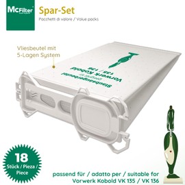 McFilter | 18 Staubsaugerbeutel geeignet für Vorwerk Kobold VK 135 136 135SC VK135 VK136 Staubsauger mit Hygieneverschluss | Alternative für FP135/136 | 5-lagig aus Vlies | Beutel-Typ VO 8335