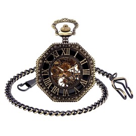 SUPBRO Women's Men's Pocket Watch Hexagon Analogue Hand Winding Mechanical Chain Watch with Necklace Sweater Chain, bronze, Classic Unisex