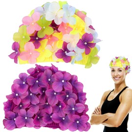Didiseaon Flower Swim Cap 2Pcs Handmade Women Floral Petal Swim Hats Vintage Bathing Caps Three-Dimensional Petals Vacation Accessories for Girls and Short Hair