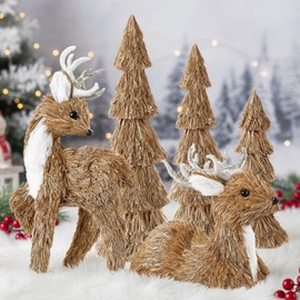 Sosation 5 Pcs Christmas Sisal Reindeer Tree Centerpieces Table Fireplace Decor Christmas Deer Figurines Rustic Woodland Farmhouse Animals Statues for Xmas Indoor Gift Tabletop Home Mantle Decoration