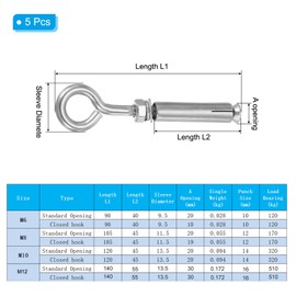 sourcing map Concrete Wall Hook M6x90mm, 304 Stainless Steel Expansion Concrete Wall Anchors Shoulder Lag Eye Bolts Screws for Ceiling Concrete Wall Brick Masonry, Pack of 5