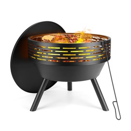 PWSOMJ 23 Inch Cast Iron Round Fire Pit with Grill, 3-in-1 Outdoor Fire Bowl, Fire Pit Table with Metal Lid and Fire Poker, Wood Burning Firepit for BBQ Bonfire Patio Picnic