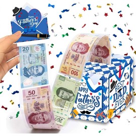 Caja de Regalo Sorpresa para Dinero en Efectivo del Día del Padre, Kit Pull out Box Extraíble para Papá con 30 Bolsas Transparentes, Cinta Adhesiva, Regalo Creativo Best Dad Ever para Papá, Diseño de Cuadros Azules