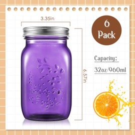 Yinder 6 Pack 32 oz Mason Jars with Lids Wide Mouth Colored Canning Jars Glass Container for Storage Canning Fermenting Pickling DIY Crafts Decoration Dishwasher Not Allowed (Purple)