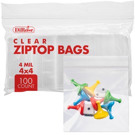 Dirose Reclosable Poly Zip Top Bags - 4" x 4" (100 Count), 4 Mil - Resealable Plastic Bags with Zipper - Clear Baggies for Jewelry, Pills, Candy
