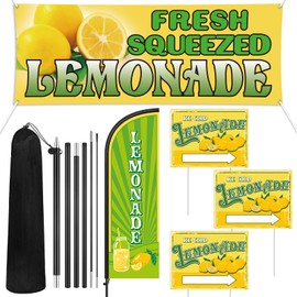 Hahafelt 5 Pcs Lemonade Stand Decor Fresh Squeezed Lemonade Yard Signs with Swooper Feather Flag Kit and Yellow Banner for Advertising Business Store Supplies Home Lawn Outdoor Decorations