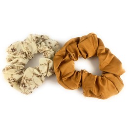 Beige floral Camel solid set 2 fabric ponytail holder hair tie scrunchies soft rayon fabric
