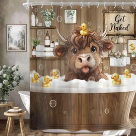 Homewelle Funny Highland Cow Shower Curtain Hilarious Cattle Bull Cute Animal Wooden Board Floral Rustic Farmhouse 60Wx72H Inch Vintage Kids Children Waterproof Polyester Fabric Bathroom Bathtub