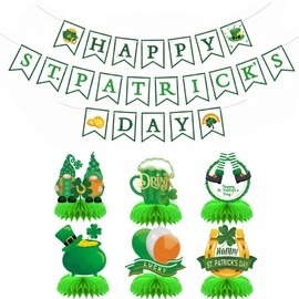 St. Patrick's Day Decorations Set - "Happy St. Patrick's Day" Banner & 6Pcs Shamrock Honeycomb Centerpieces, Double-Sided Irish Lucky Table Decor for Home School Office Party Supplies