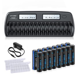 16 Pack Rechargeable AAA Batteries with Charger, 16 Bay AA AAA Battery Charger with Discharge Function Smart LCD Display with 1100mAh High Capacity Pre-Charged Low Self-Discharge Triple A Batteries