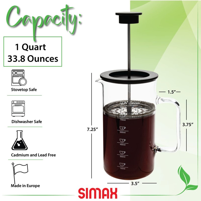 SIMAX French Press Coffee Maker, 1 Liter Coffee Press, Dishwasher
