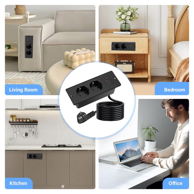 KBIBCK Einbausteckdose mit USB und Type-C, 4-in-1 Tischsteckdose, 2-Fach Einbau