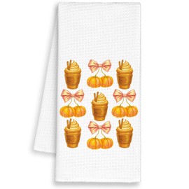 Dimurela Fall Pumpkin Spice Coquette Kitchen Towels, Bow Hand Towels Decor for Bathroom Girly Room,Autumn Latte Coffee Dish Towel, Trendy Tea Bar Waffle Towel for Dining Room Dorm Thanksgiving 16x24in