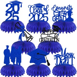 8Pcs Graduation Class of 2025 Honeycomb Centerpiece 5th Grade Graduation Table Decoration 2025 Graduation Centerpieces for Tables Blue Black Glitter