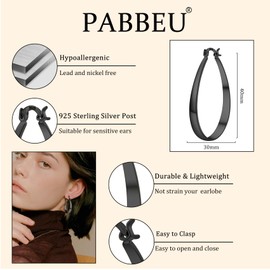 PABBEU Black Hoop Earrings for Women Hypoallergenic Sterling Silver Post Hoops Earrings Lightweight Large Black Hoop for Women Gifts 30/40/50/60MM