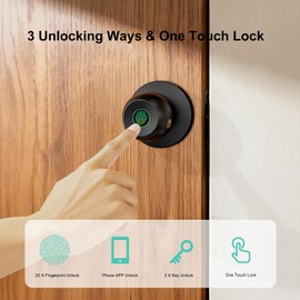 52HZ Fingerprint Door Knob with Lock, 3 in 1 Smart Finger Print Door Lock, Auto Lock, Tuya App Control & Key, Biometric Thumbprint Door Locks for Bedroom, Garage, Home & Office, Matte Black