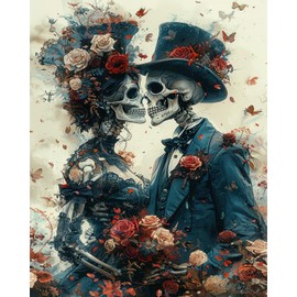 Paint by Numbers Kit for Adults Gothic Romance Paint by Numbers Two Elegantly Dressed Skeletons Adults' Paint-by-number Kits with Paint Brushes and Acrylic Pigment 16X20 Inch Flameless Paint by Number