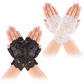 Yolev 2 Pairs Fingerless Gloves Women's Lace Gloves Short Cut Fingerless Gloves Women Girls Wedding Party Tea Party Accessories, Black, white