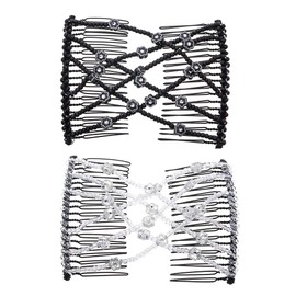 LOVEF 2Pcs Magic Hair Comb Clip for Women Girls Beaded Flower Barrette Hairpin Elastic Double Hair Combs Clips Hair Accessories