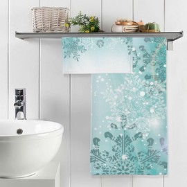 senya Bath Towel Set, Silver Winter Teal Turquoise Snowflakes Christmas Cotton Bath Towels Soft Highly Absorbent Fast Drying for Bathroom Gym Hotel Beach, 1 Bath Towel 1 Washcloth